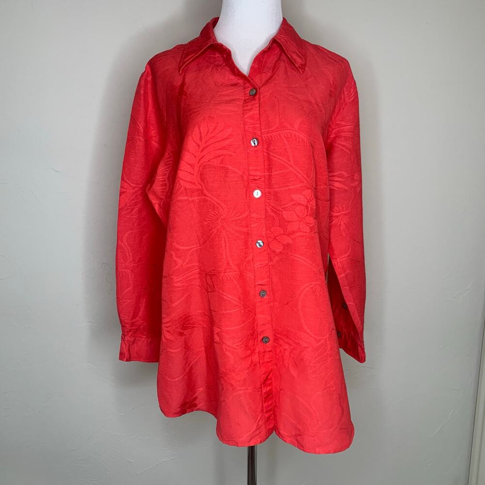 Chico's Red Linen Blend Tunic Long Sleeve Sz 2 12 Preppy Coastal